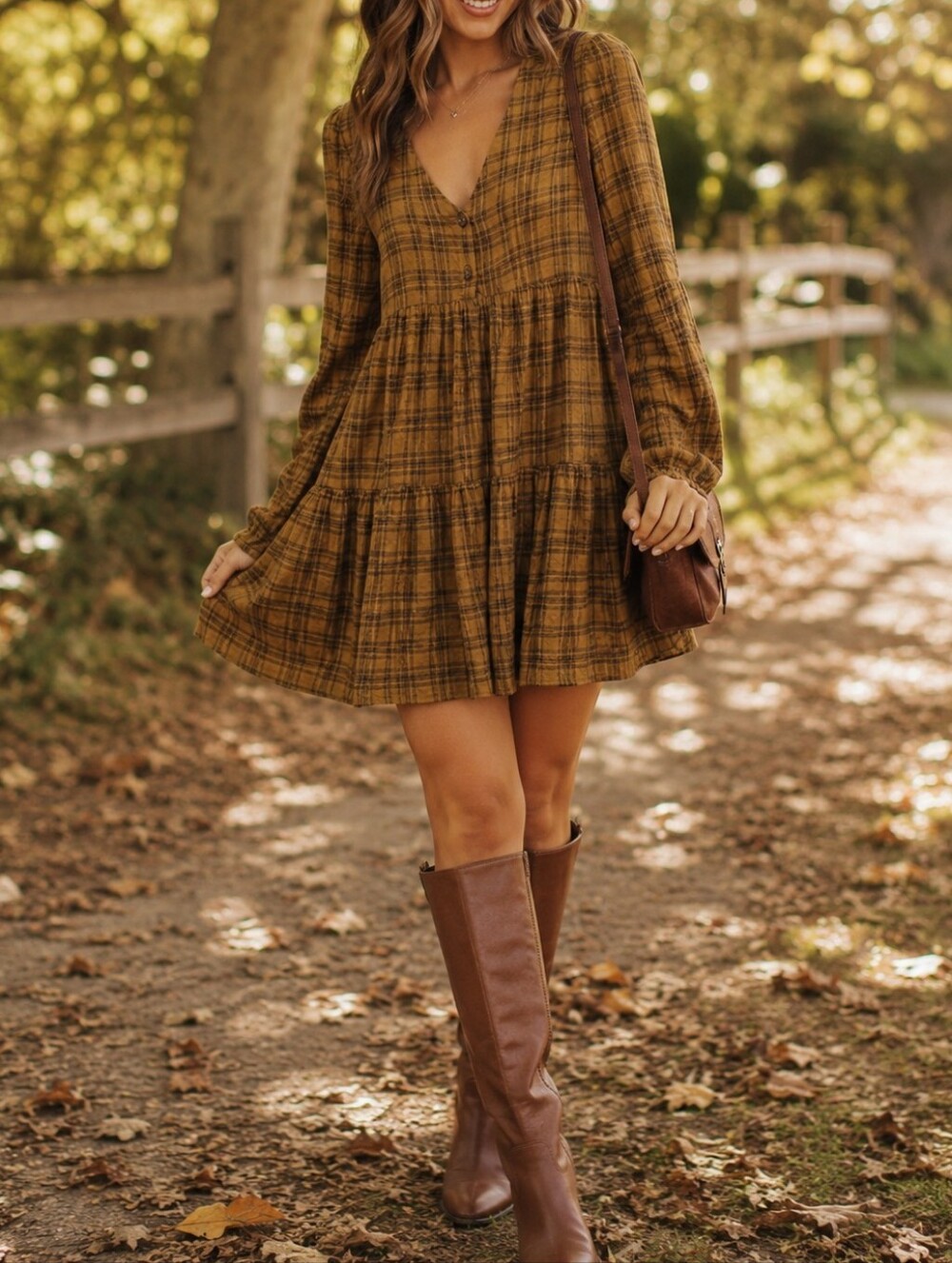Urban Outfitters Mustard Brown Plaid Tiered Long Sleeve Mini Dress Cottagecore